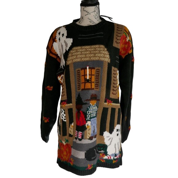 Northern Isles Sweaters - Northern Isles Vintage 90s Halloween Haunted House Ghost Hand Knit Sweater M